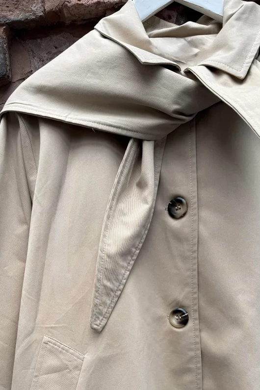 Dunbar Neckerchief Hood Gaberdine Coat Sand Beige